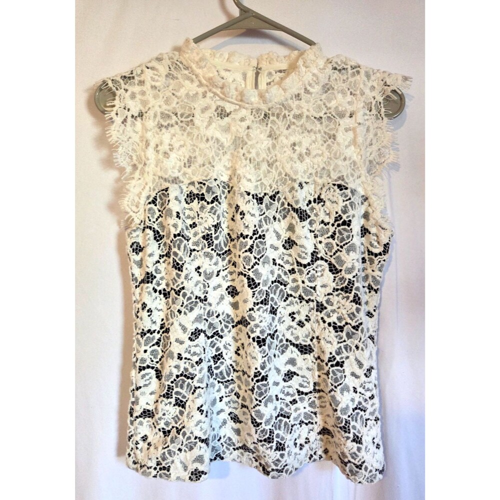 White House Black Market Lace Top Size 4 Ivory Black Sleeveless Sheer Floral Blo